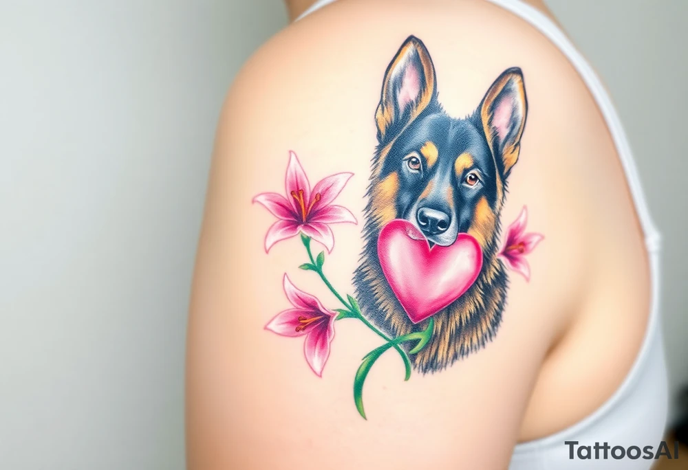 german shepherd looking protective with pink lilies and a sacred heart tattoo idea