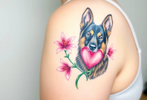 german shepherd looking protective with pink lilies and a sacred heart tattoo idea