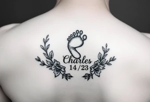 Baby footprint surrounded by the name Charles and the date 1/14/23 and floral vines on a forearm tattoo idea