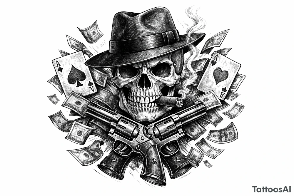 Skull in fedora, cigar, crossed revolvers, flying cards, falling money. tattoo idea