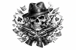 Skull in fedora, cigar, crossed revolvers, flying cards, falling money. tattoo idea