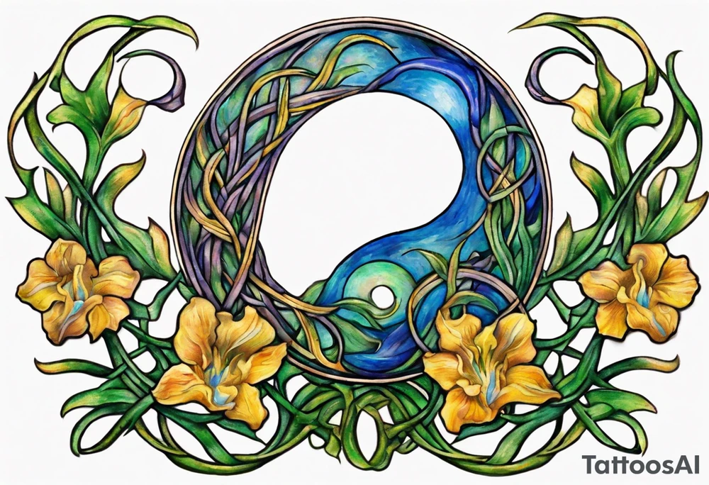 Create a small, colorful Vincent van Gogh Irises tattoo in the form of a crescent, with vines in Celtic knot style gracefully intertwining at a central point in the middle of the wreath. The intended placement is on the upper chest. The middle needs mountains. The overall design should be small in size while maintaining a delicate and artistic aesthetic. Pay attention to the graceful flow of the vines and the placement of the irises to achieve a refined and elegant look. tattoo idea