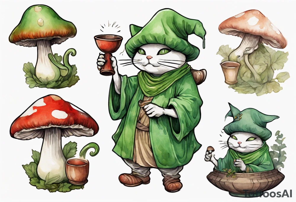 a mushroom person with a green cat face with a mushroom hat wearing a medieval tunic drinking from a wood cup, laughing tattoo idea
