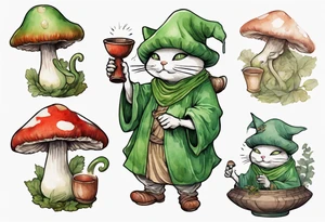 a mushroom person with a green cat face with a mushroom hat wearing a medieval tunic drinking from a wood cup, laughing tattoo idea