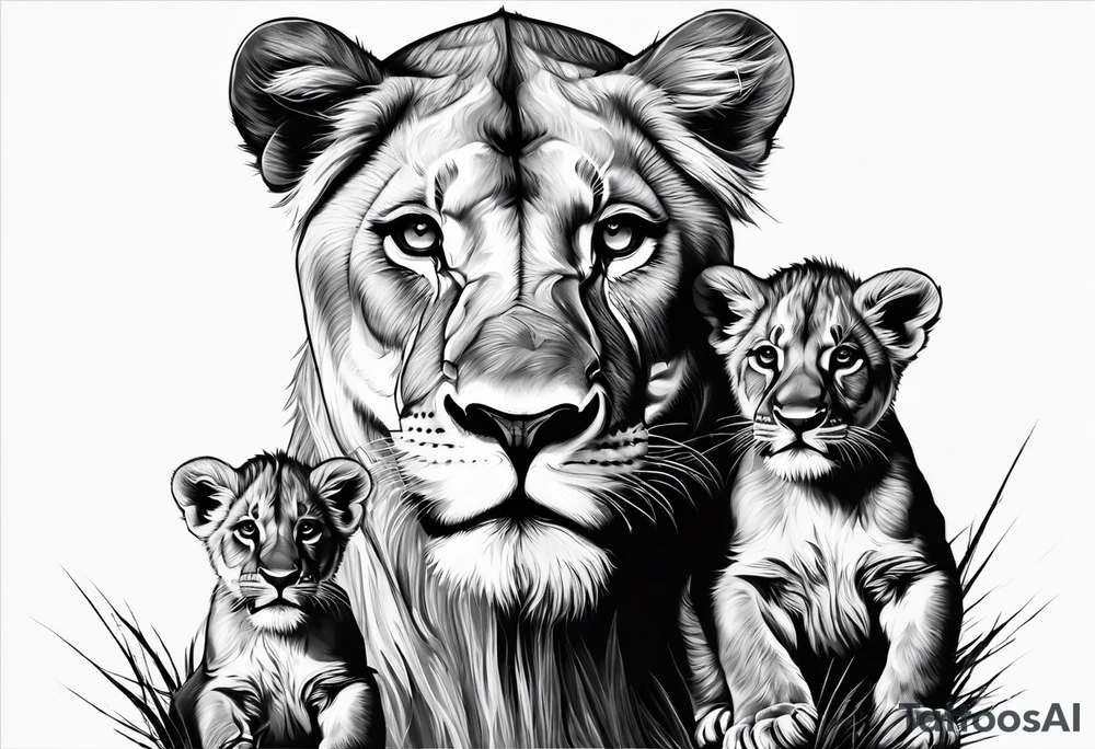 Fierce lioness on her hind legs in a fighting stance  Protecting her two cubs rib tattoo design tattoo idea