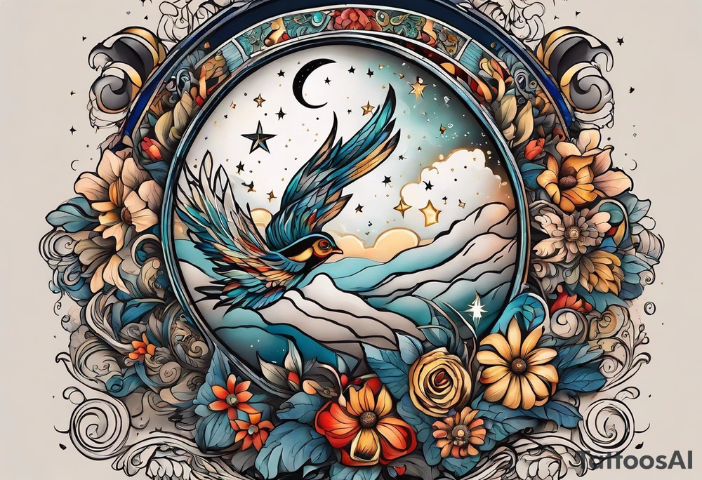 A tattoo design inspired by southern Italian folklore tales, incorporating mystical creatures and celestial objects such as moons and stars, reflecting the client's love for folklore and celestial objects. tattoo idea