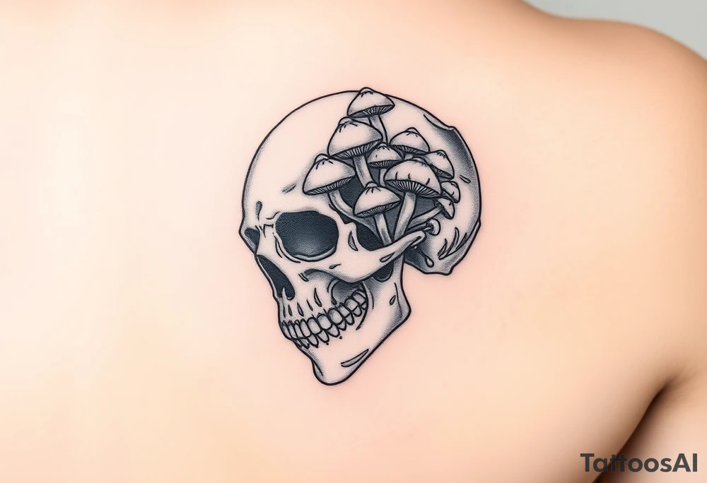 right side of a skull with lots of mushrooms  growing out of its eyes like the clicker from The Last Of Us tattoo idea