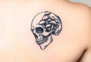 right side of a skull with lots of mushrooms  growing out of its eyes like the clicker from The Last Of Us tattoo idea
