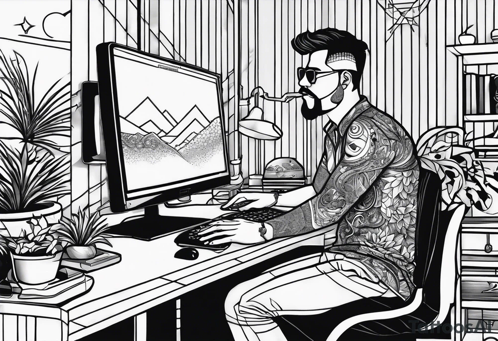 Its Night, Man behind computer in his room on windows are sun blockers, night lights come through sun blockers with ciggarete in his mouth tattoo idea