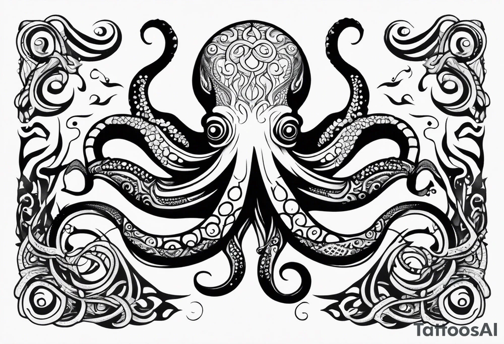 Tribal half sleeve. octopus surrounded by ribbons of water waves filled with fish. the octopus has small eyes. Use thick lines only with less detail. tattoo idea