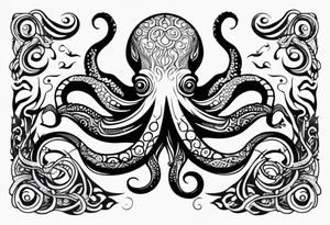 Tribal half sleeve. octopus surrounded by ribbons of water waves filled with fish. the octopus has small eyes. Use thick lines only with less detail. tattoo idea