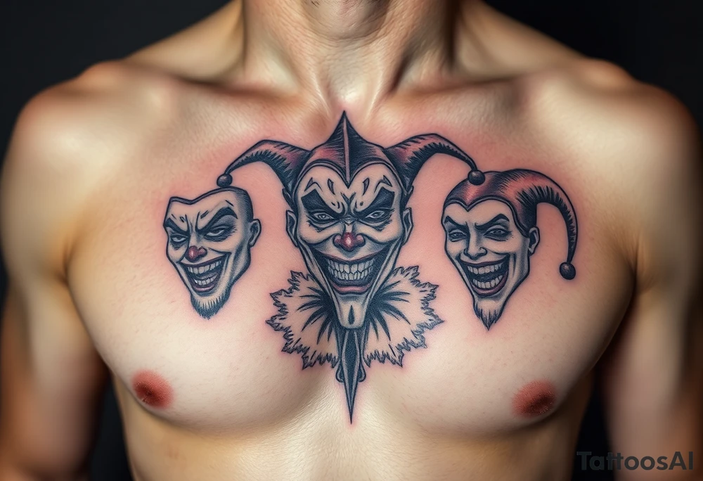 jester see no evil hear no evil speak no evil laugh now cry later together tattoo idea