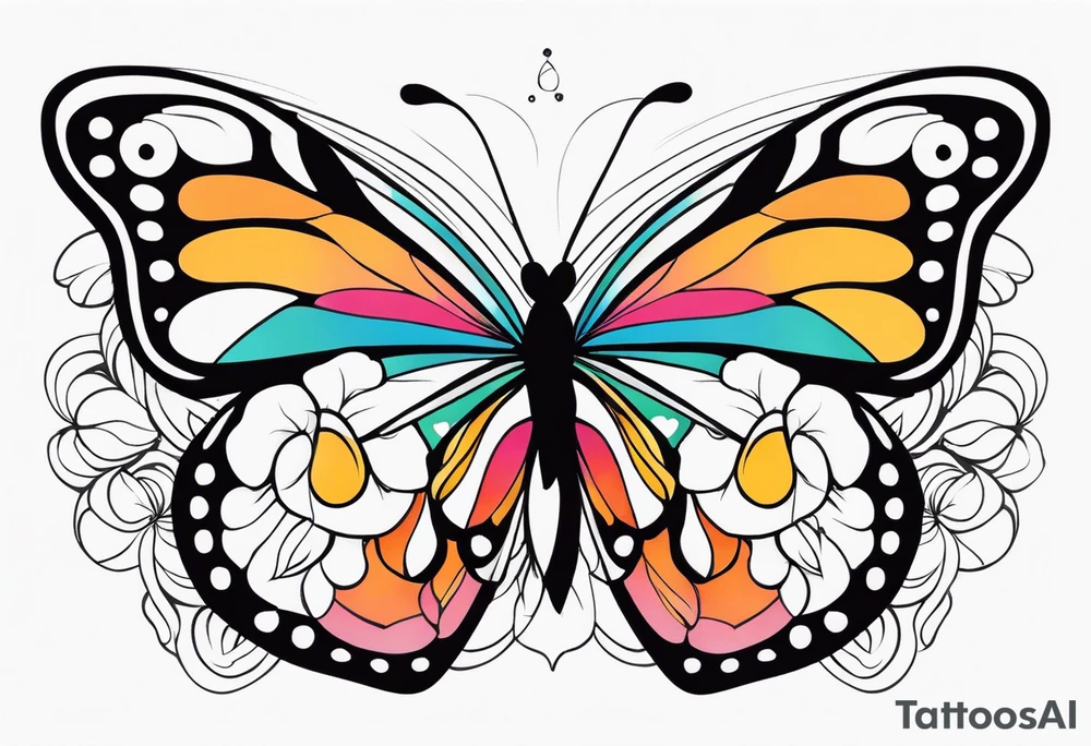 Butterfly: “A vibrant butterfly with colorful wings, resting on a flower, showcasing transformation and beauty.” tattoo idea