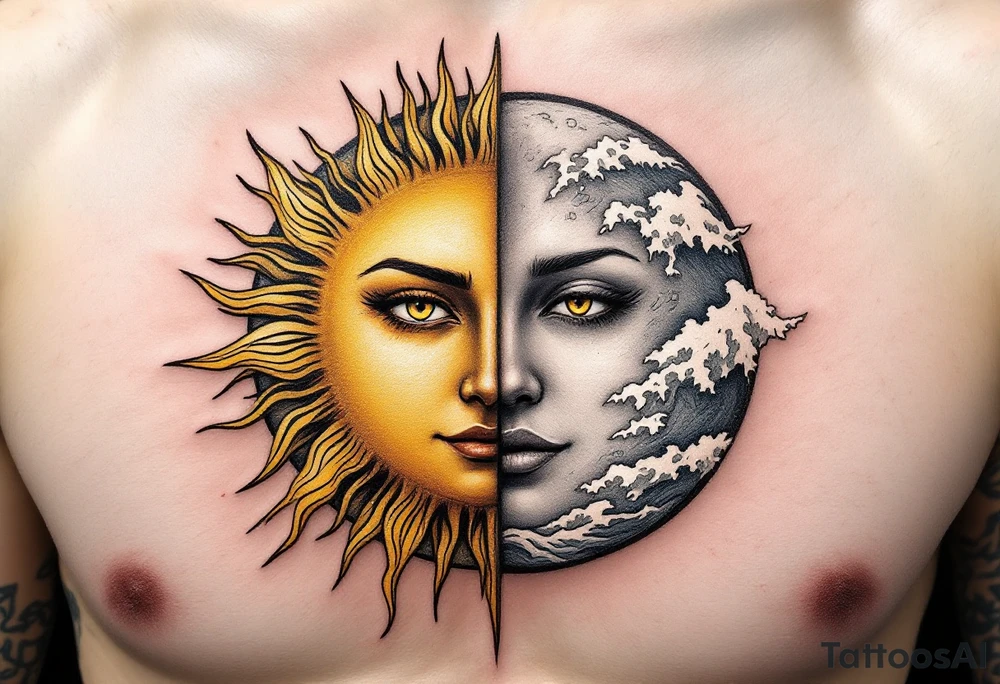 A radiant golden sun with sharp rays on one side and a calm silver moon with soft waves on the other, symbolizing karmic equilibrium. tattoo idea