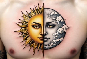 A radiant golden sun with sharp rays on one side and a calm silver moon with soft waves on the other, symbolizing karmic equilibrium. tattoo idea