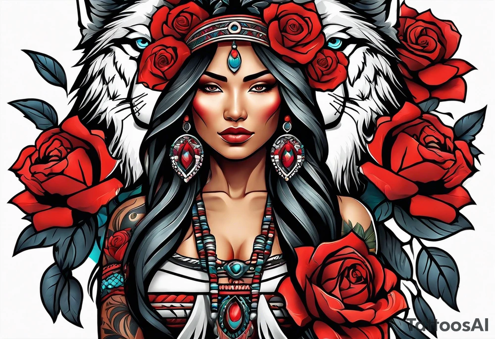 Native American woman wrapped in roses with a wolf tattoo idea