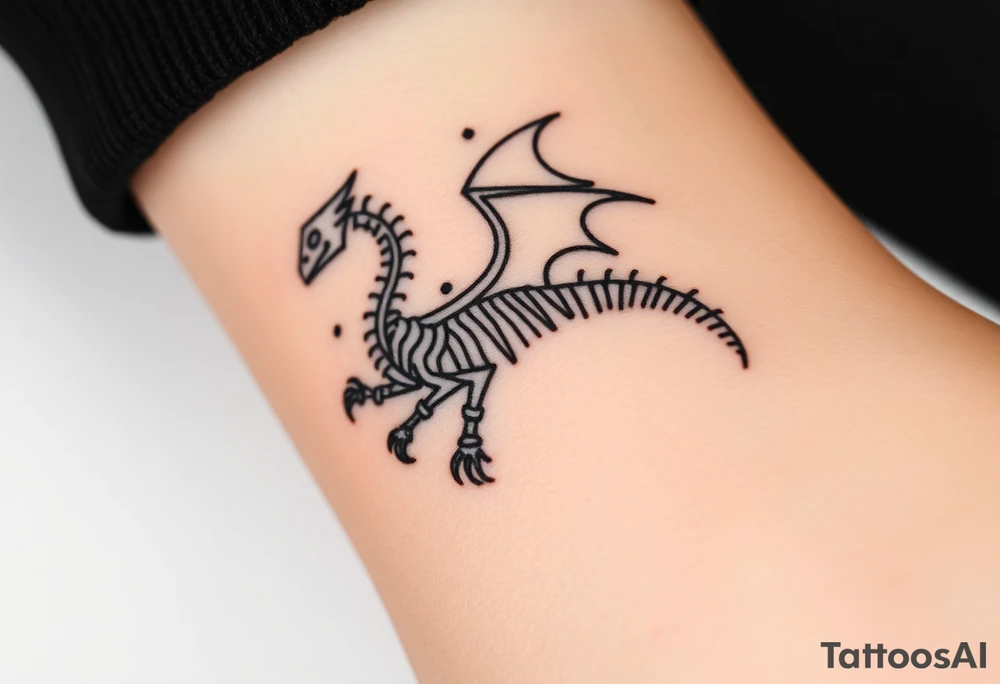 Tattoo for stardust dragon from yo gi oh 
A modern, minimalist approach using very thin black lines to outline the dragon's skeleton, surrounded by small geometric circles representing cosmic orbits or Synchro rings.
Key Feature: High precision and a clean, sophisticated look. tattoo idea