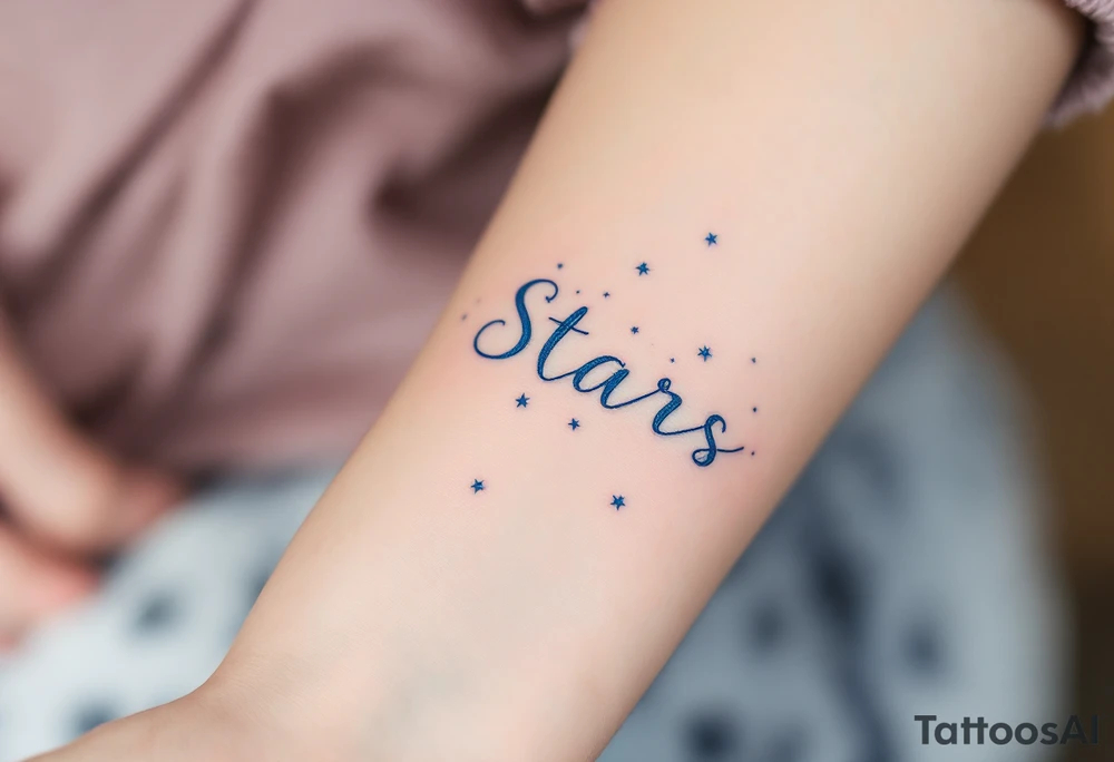 A quote in icy blue ink crosses the wrist with a constellation pattern forming the final word: Stars. tattoo idea