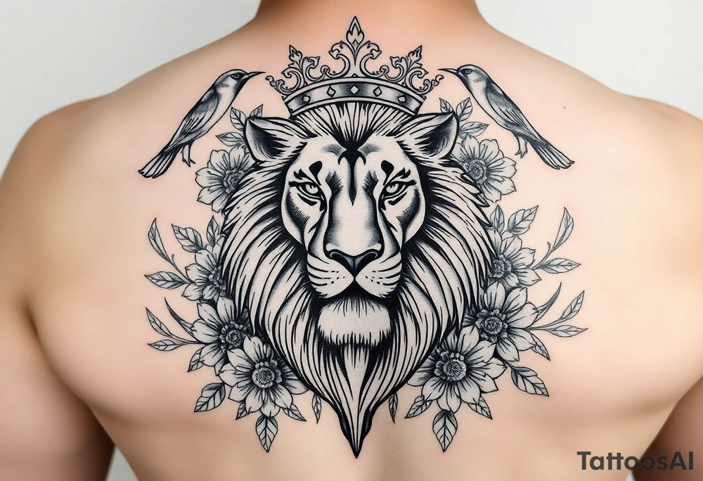 powerful majestic lion with a crown, surrounded by floral ornaments and birds tattoo idea