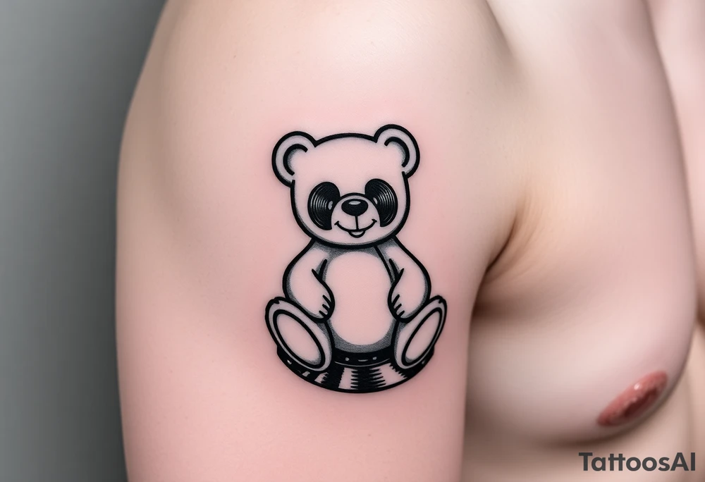 minimalist teddy bear with vinyl records as eyes smiling and sitting on a record tattoo idea