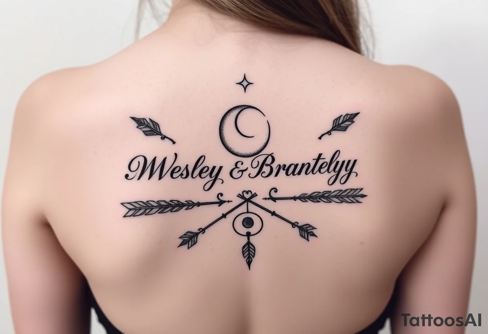 Name tattoo with Wesley Brantley Logan with entwined arrows and moons and stars tattoo idea
