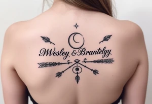 Name tattoo with Wesley Brantley Logan with entwined arrows and moons and stars tattoo idea