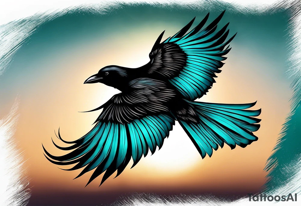 Gothic crow with teal and black feathers flying holding a candle with a star lite background tattoo idea