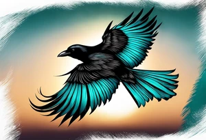 Gothic crow with teal and black feathers flying holding a candle with a star lite background tattoo idea
