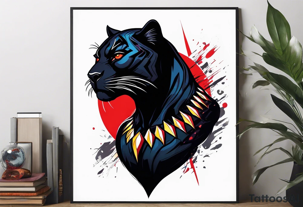 unique black panther tattoo, dynamic pose, showcasing its strength and grace, striking red eyes, intense and captivating elements, artistic flair, blending realism with abstract elements tattoo idea