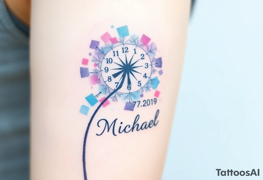 A watercolor-styled dandelion with clock numbers and date 13. 07. 2019 and name "Michael", representing fleeting time and new beginnings, in pastel blues and purples tattoo idea