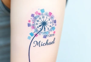 A watercolor-styled dandelion with clock numbers and date 13. 07. 2019 and name "Michael", representing fleeting time and new beginnings, in pastel blues and purples tattoo idea