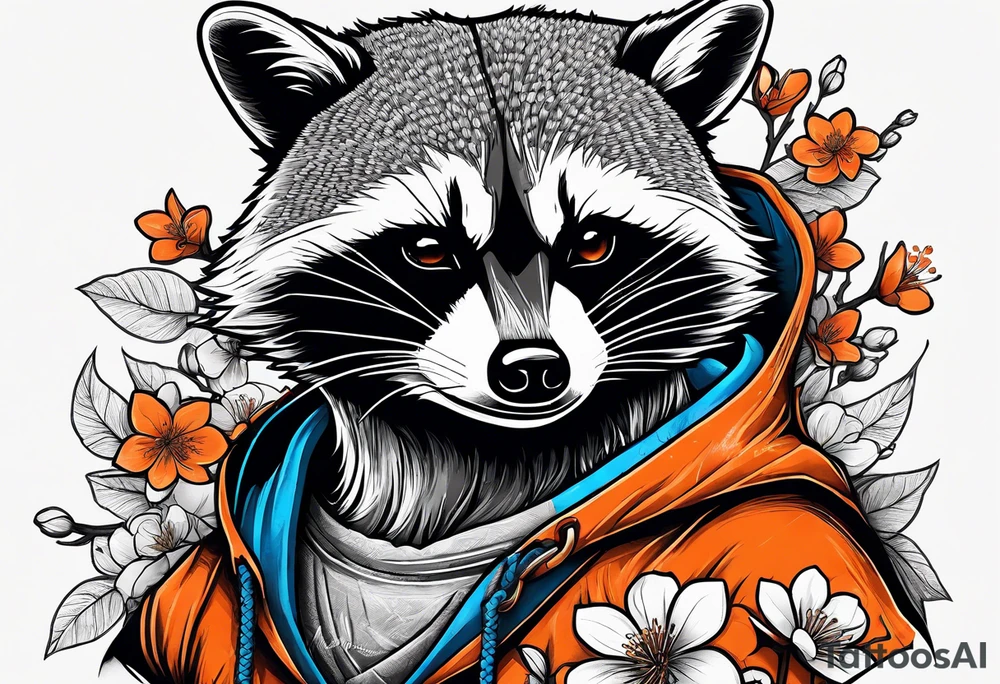 raccoon wearing a black and white Superman hoodie and orange Japanese cherry blossoms tattoo idea