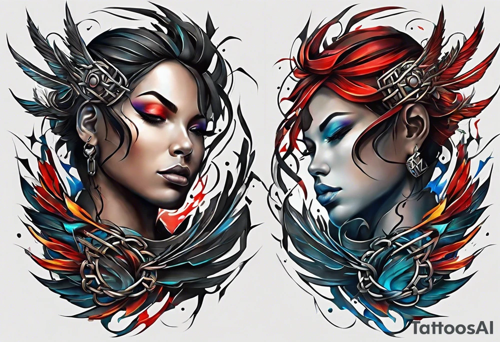 Wide tattoo that appears to be bursting out of the skin, symbolizing freedom with broken chains. The tattoo should be vibrant and dynamic, with bold lines and colors that evoke a sense of liberation and empowerment. The tattoo should be visually striking and thought-provoking. tattoo idea