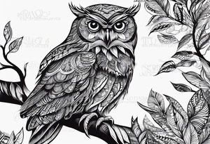 “A wise owl perched on a branch, with large, expressive eyes and intricate feather patterns, representing wisdom tattoo idea