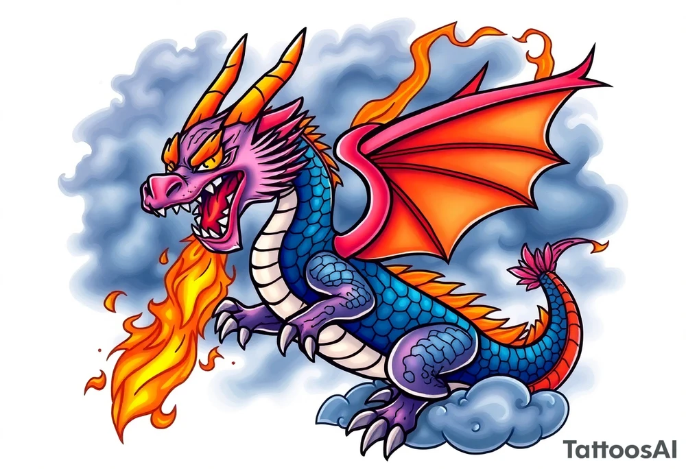 fierce dragon breathing iridescent fire against stormy skies tattoo idea