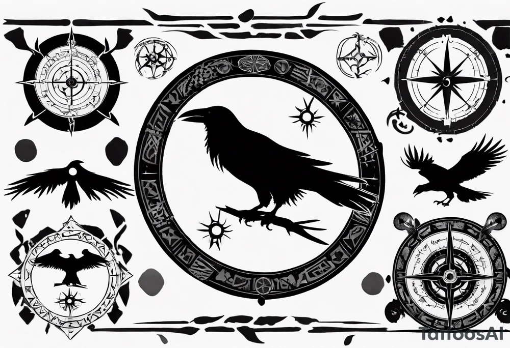 raven silhouette over a viking compass with runes tattoo idea