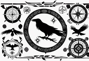 raven silhouette over a viking compass with runes tattoo idea