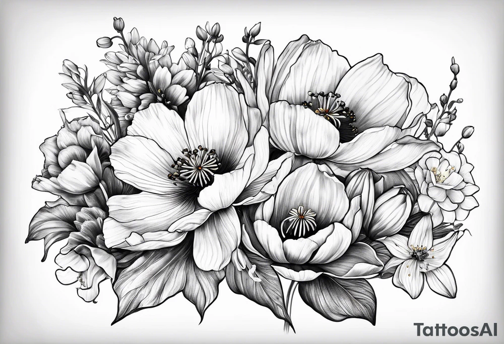 Poppy, water Lilly, Lilly of the valley, daffodil, cosmos bouquet tattoo idea