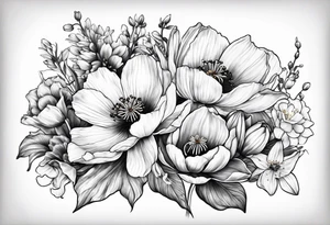 Poppy, water Lilly, Lilly of the valley, daffodil, cosmos bouquet tattoo idea