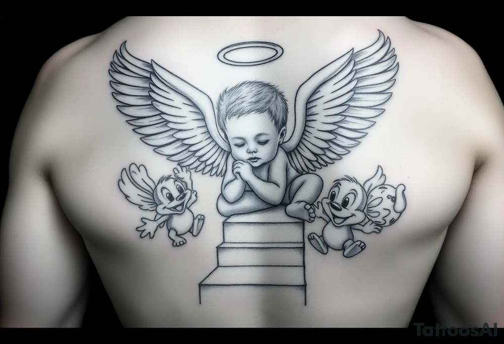 Babyboy with angel wings crawling up heavens stairs surrounded by Disney characters as babies tattoo idea