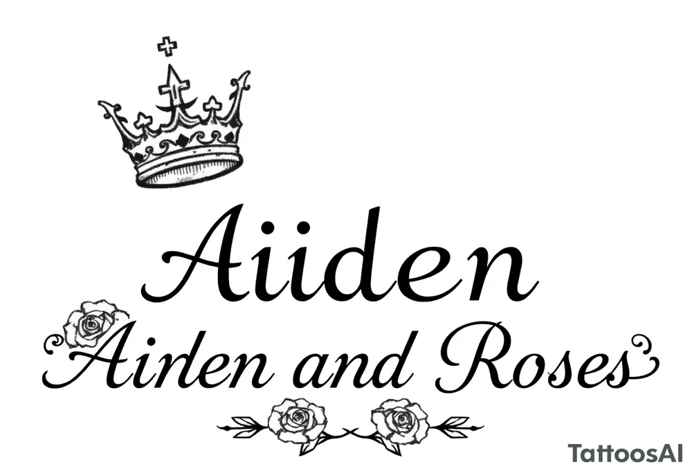 Small size Kings crown above the name Aiden and roses tattoo idea