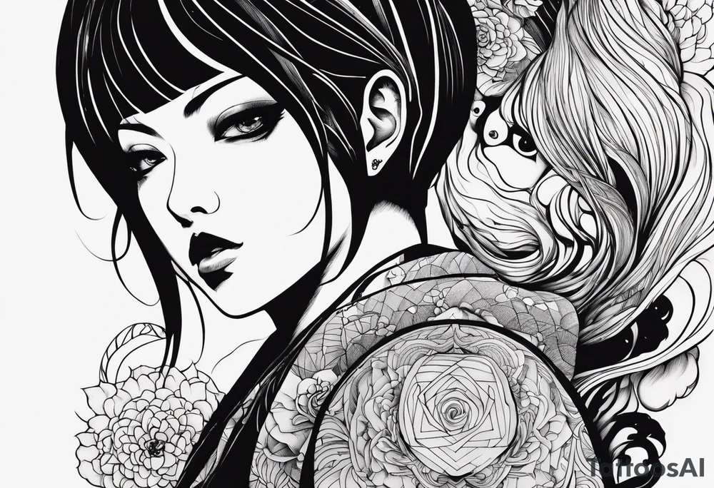 Une image style tattoo du personnage Tomie de Junji ito avec des détails lié a son univers sur les cotés comme des spira tattoo idea