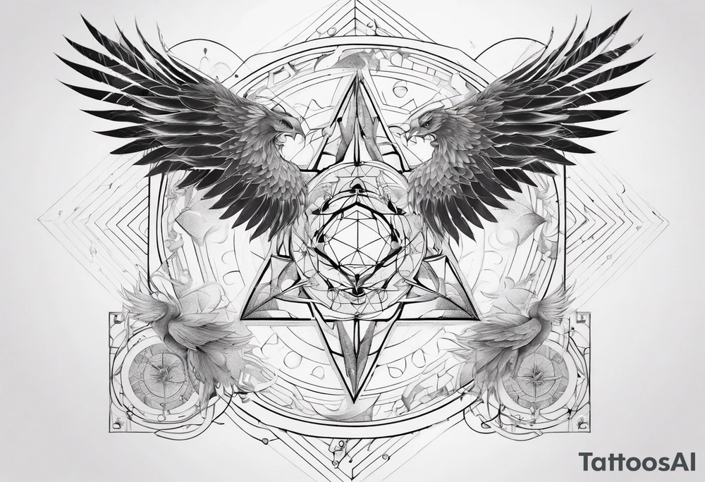 sacred geometry Metatron's cube with phoenix. Sleeve for woman's arm tattoo idea