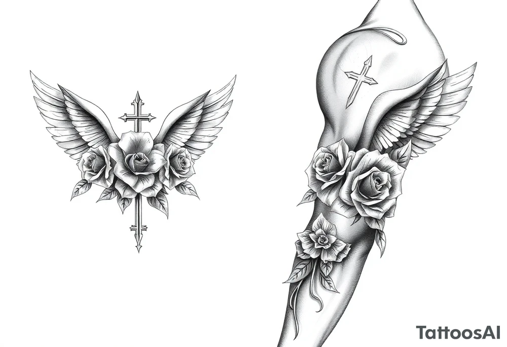 Angels roses cross and princess tattoo idea