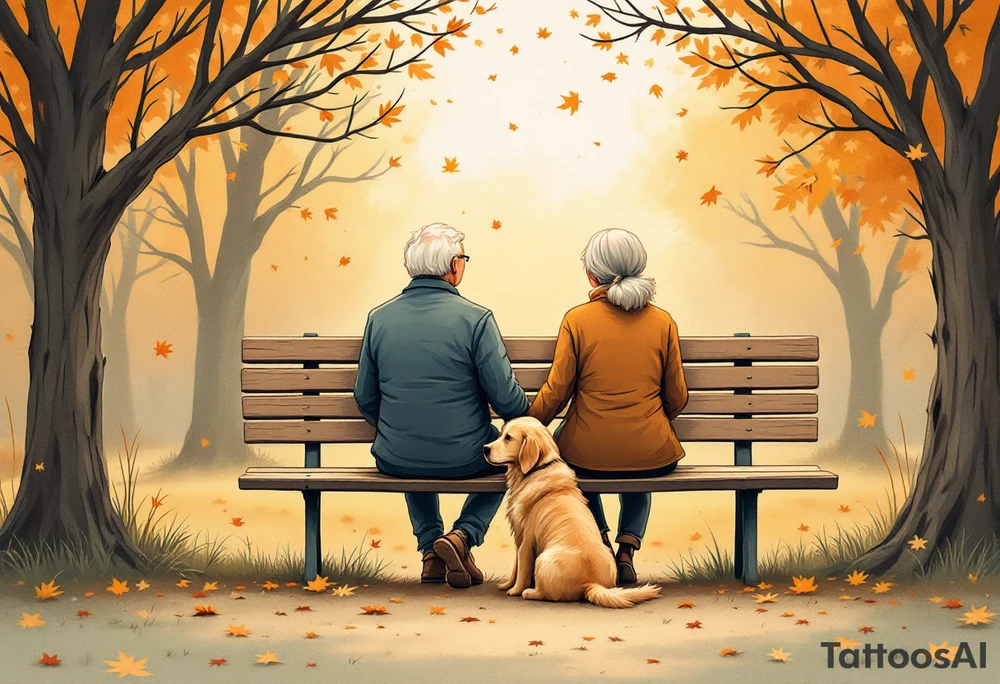 Envision a peaceful park scene with an elderly couple sitting together on a wooden bench, their hands gently resting together. At their feet lies a golden retriever, gazing up at them with a loyal and loving look. Autumn leaves gently fall in the background, evoking warmth, comfort, and timeless companionship. In elegant script, a touching message reads:
“Your life journey is an inspiration – congratulations on your 80th birthday! With love, your Albi team.”
The illustration carries a slightly more realistic, sentimental tone—ideal for a meaningful and emotional birthday tribute. tattoo idea