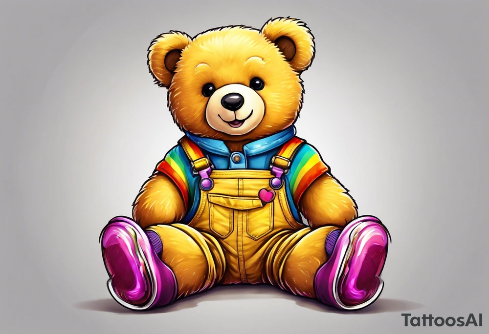A light brown teddy bear in yellow overalls, wearing rainbow colored rollerskates tattoo idea