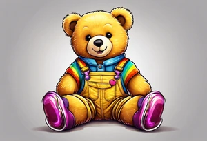 A light brown teddy bear in yellow overalls, wearing rainbow colored rollerskates tattoo idea