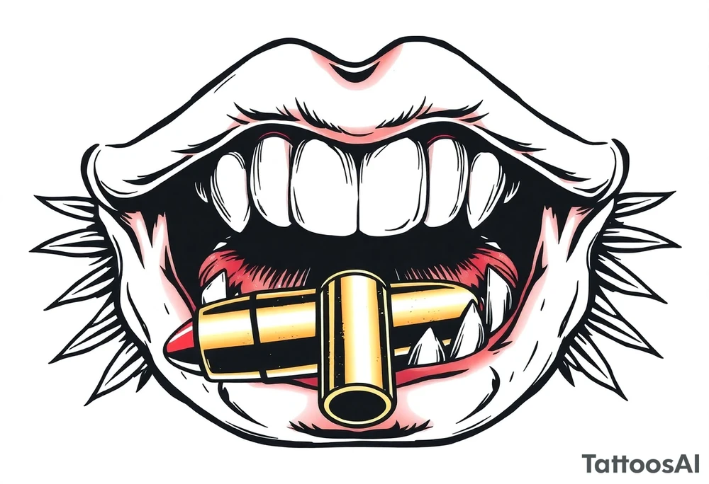 A set of lips snarling with 50cal bullet between teeth tattoo idea