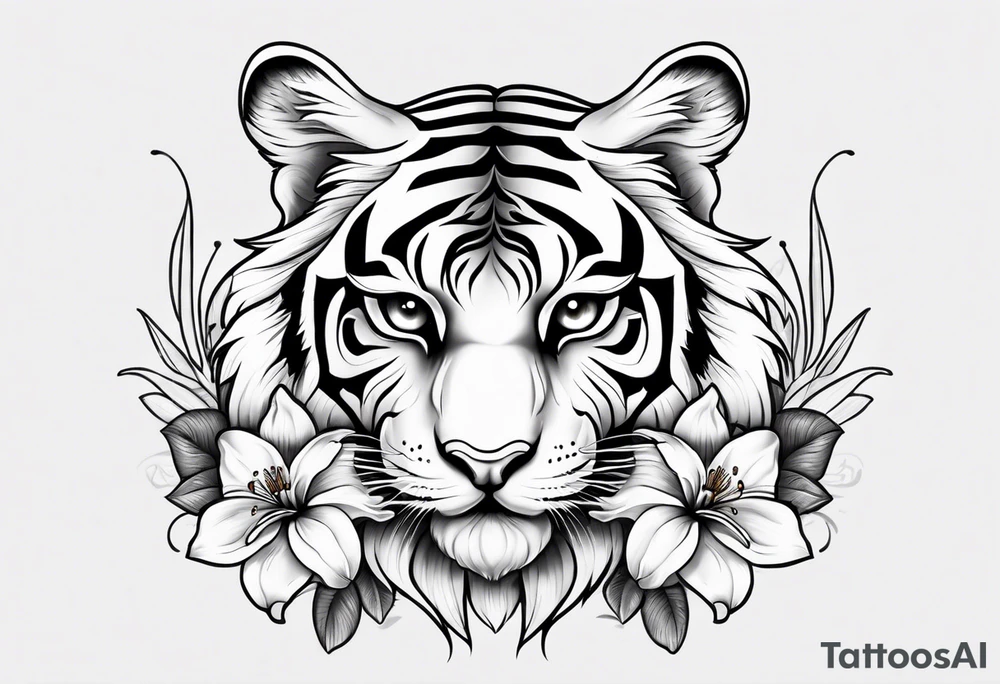 cute tiger with lily flowers tattoo idea