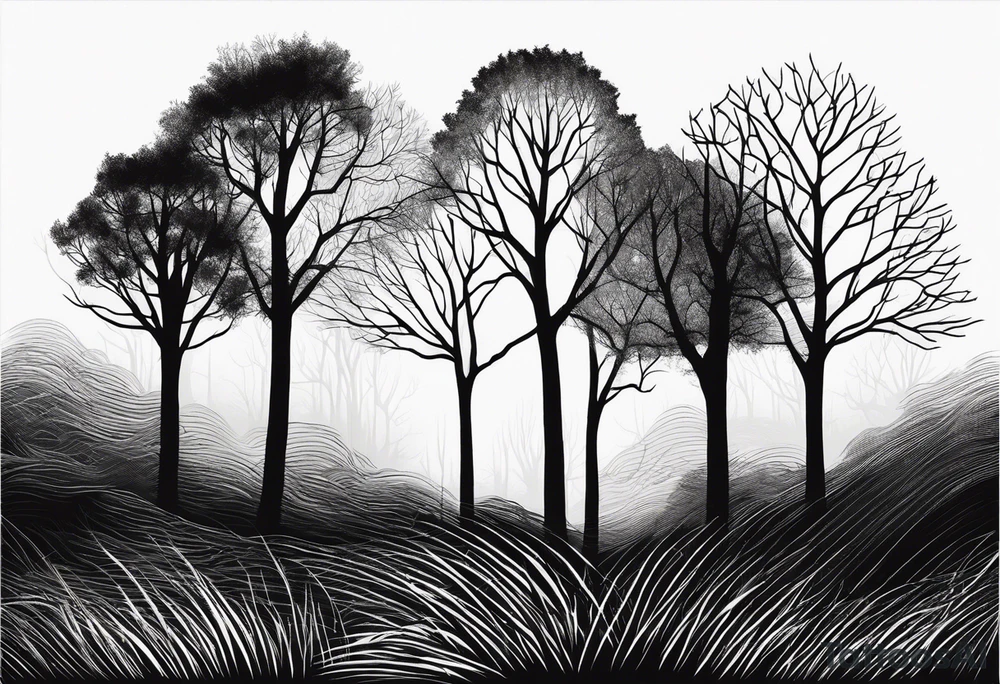 Silhouettes of trees drawn with simple vertical lines, without unnecessary details. tattoo idea